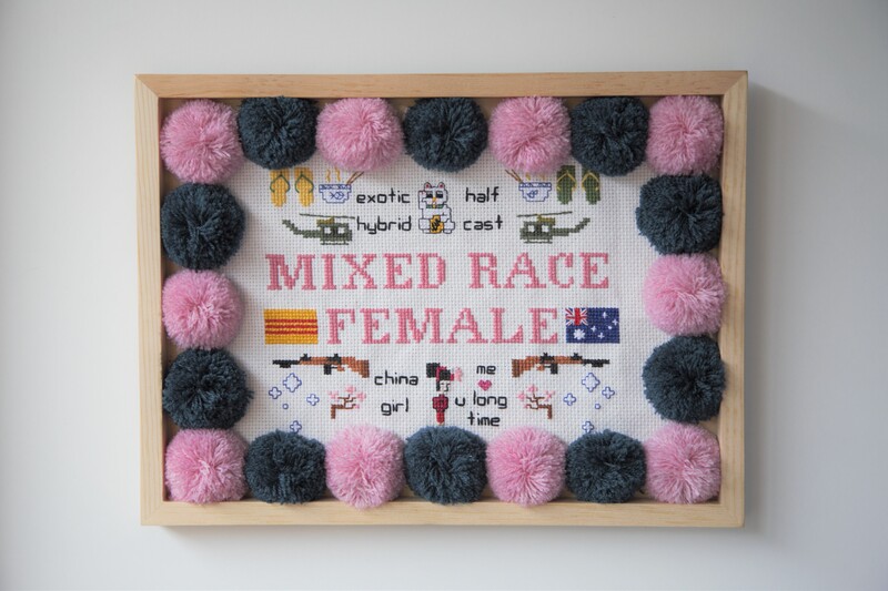 ‘Mixed Race Female’ examines stereotypes of mixed race and Asian women being perceived as ‘exotic’ or ‘submissive’ by incorporating imagery from the Vietnam War with Australian iconography. It plays on themes of diaspora and the experience of second generation immigrants in Australian society.